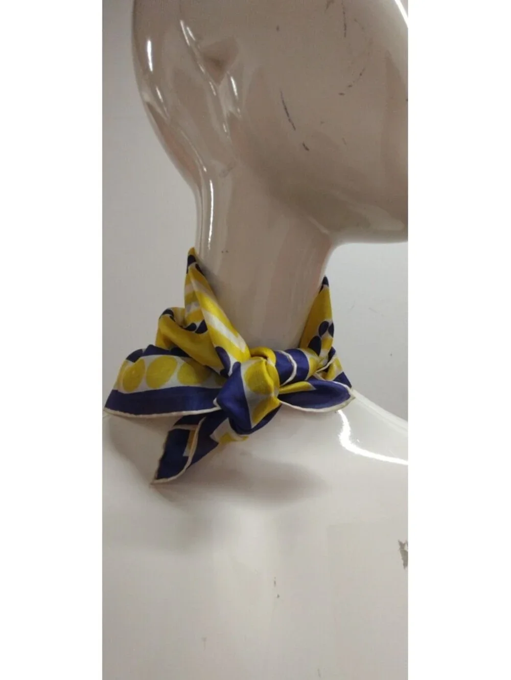 Vintage 1950s Pure Silk Handkerchief Royal Blue Polka Dot White & Yellow Stripes